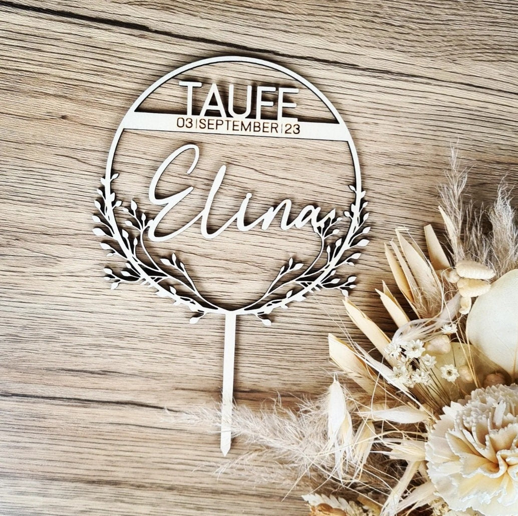 Taufe Cake Topper mit Kranz & Schleierkraut, Stecker für Torte oder Kuchen