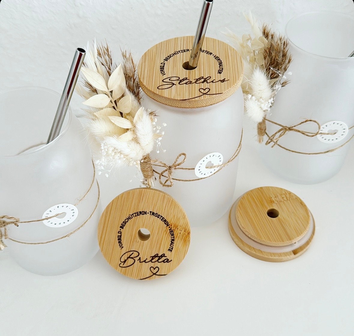 Trinkglas mit Bambusdeckel, Geschenk Abschied Erzieher, Hebamme, Tagesmutter, Lehrer
