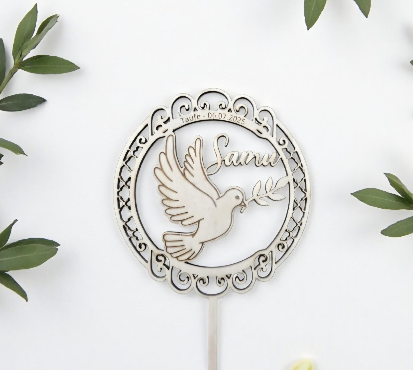 Taufe Cake Topper Vintage Rahmen mit Schnörkel und Taube, festlicher Kuchenstecker
