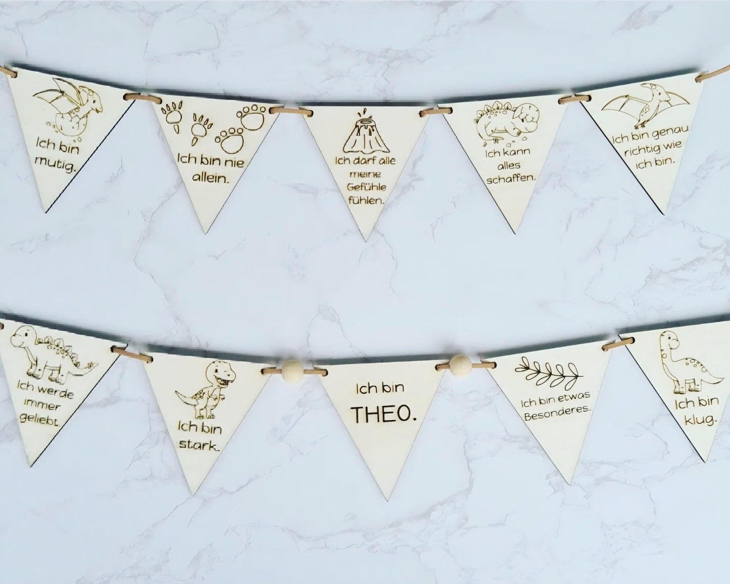 Affirmation Wimpelkette aus Holz, Girlande für Mädchen und Jungen, Dino, Einhorn & neutral