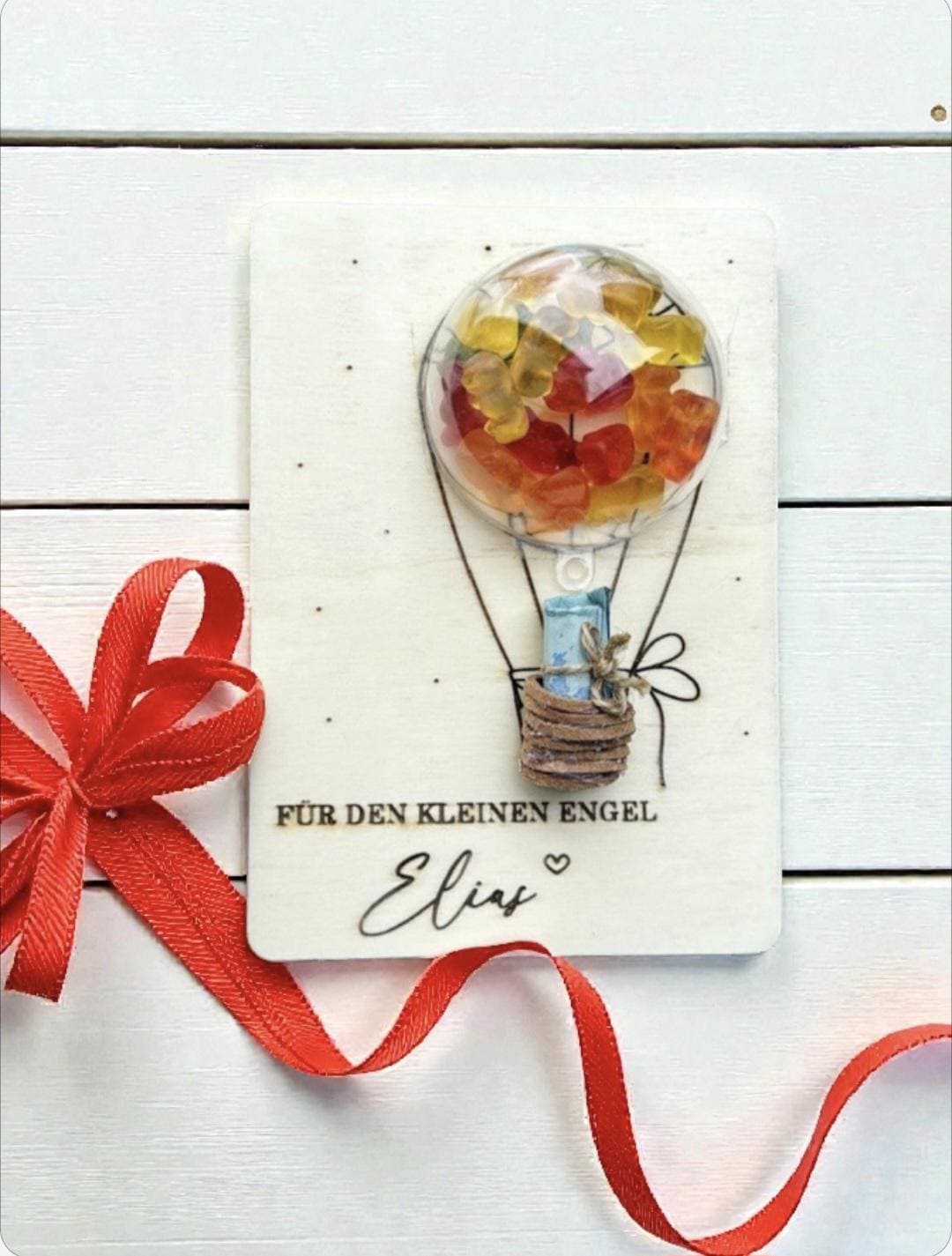 3D Heißluftballon Holzkarte für Baby, Geldgeschenk zur Geburt