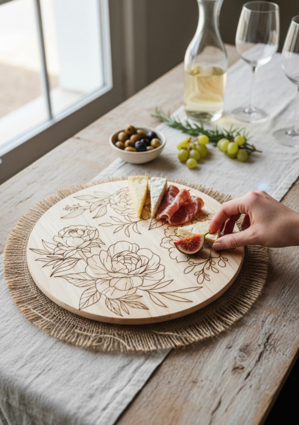 Drehbarer Holz Teller, Servierplatte mit Blumen, für Torte, Kuchen oder Wurst-/ Käseplatte