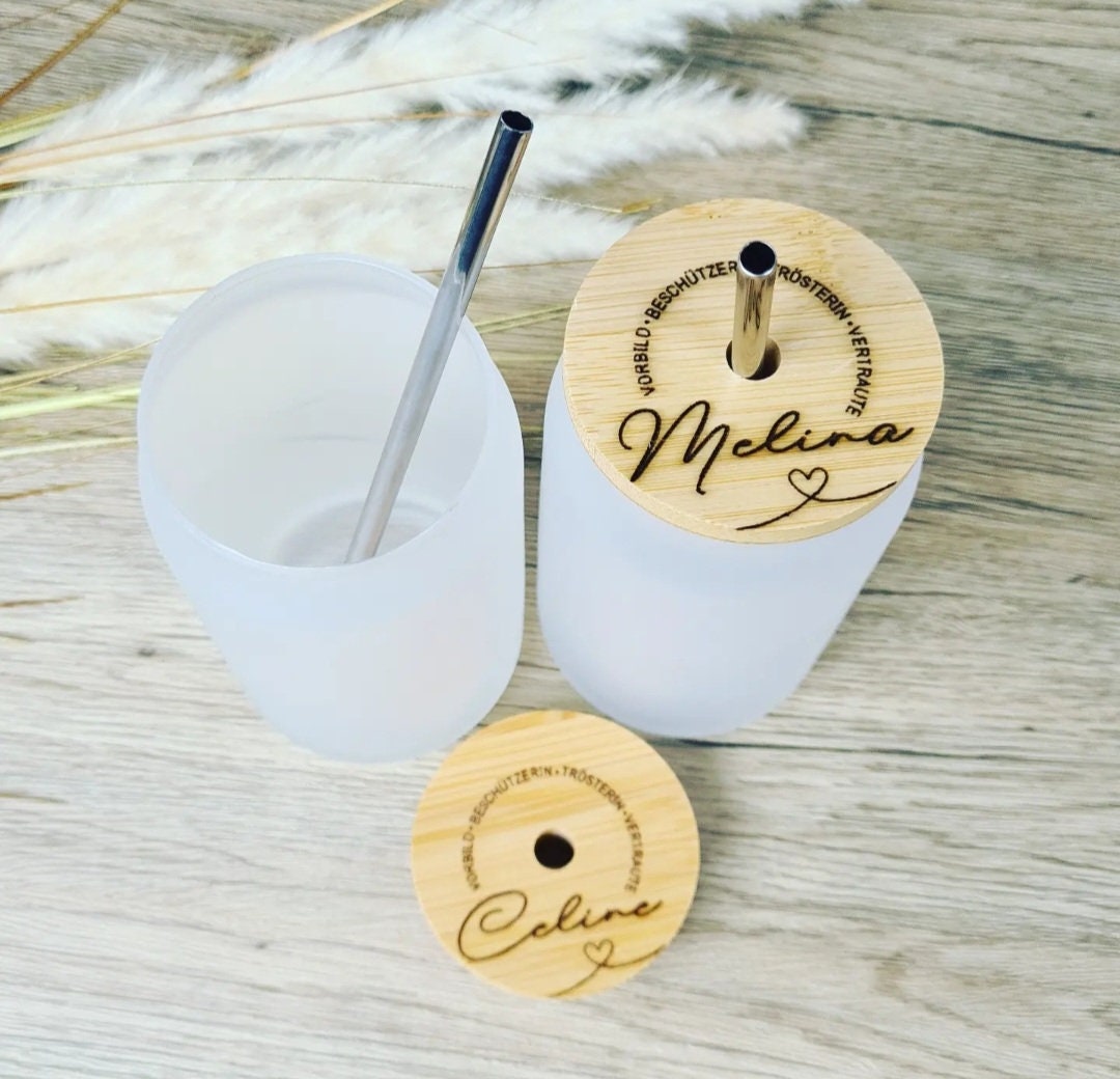 Trinkglas mit Bambusdeckel, Geschenk Abschied Erzieher, Hebamme, Tagesmutter, Lehrer