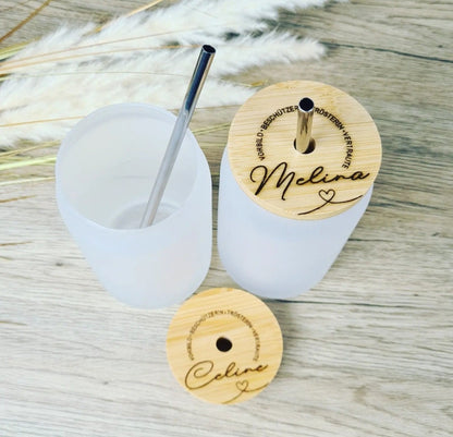 Trinkglas mit Bambusdeckel, Geschenk Abschied Erzieher, Hebamme, Tagesmutter, Lehrer