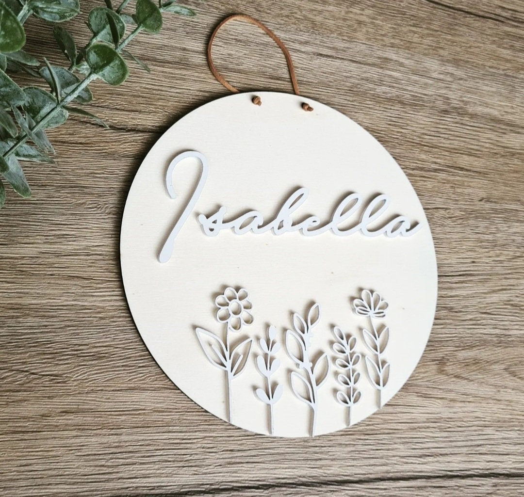 Türschild Floral Blumenwiese aus Holz und Acryl mit 3D Namen