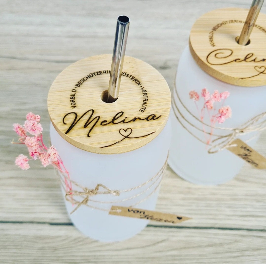 Trinkglas mit Bambusdeckel, Geschenk Abschied Erzieher, Hebamme, Tagesmutter, Lehrer