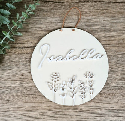 Türschild Floral Blumenwiese aus Holz und Acryl mit 3D Namen