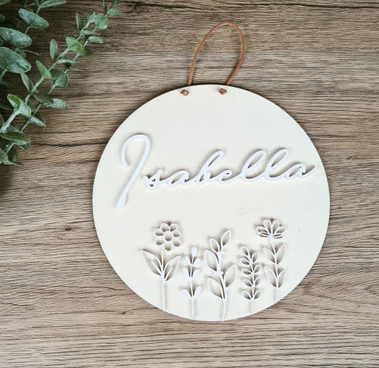Türschild Floral Blumenwiese aus Holz und Acryl mit 3D Namen