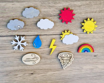12 Wetter Holz Symbole, Plättchen für die Wetterstation, Ergänzung für den Tagesplan