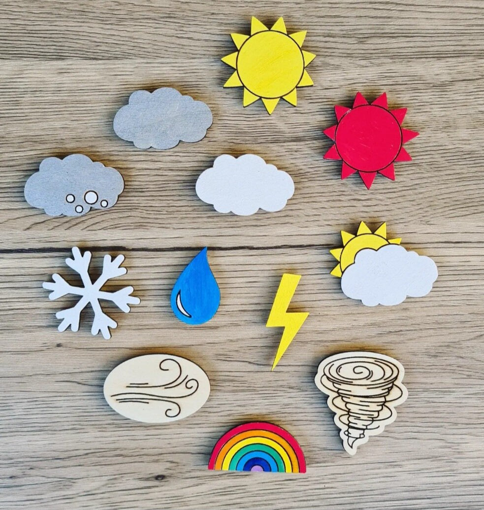 12 Wetter Holz Symbole, Plättchen für die Wetterstation, Ergänzung für den Tagesplan