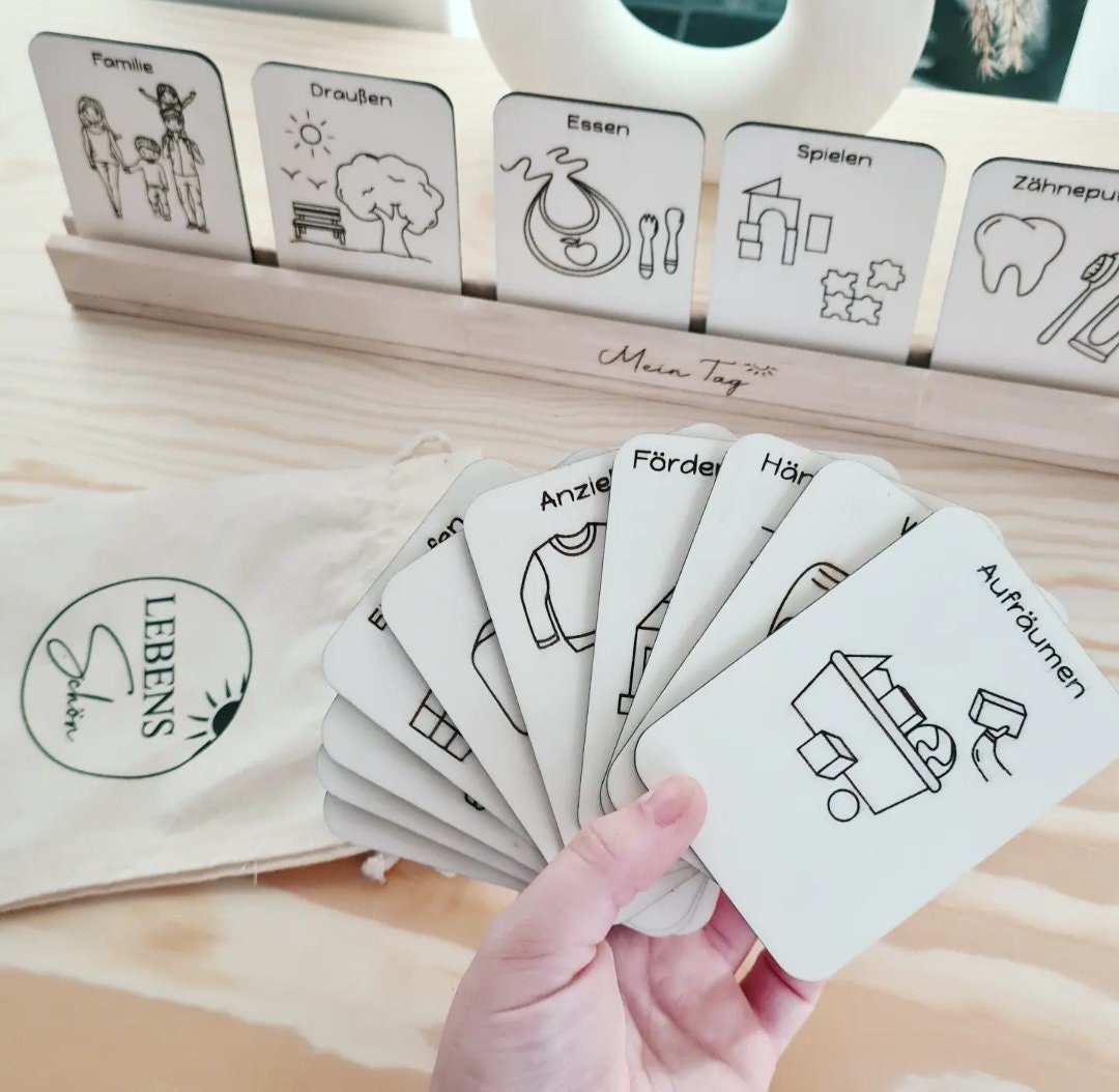 Tagesplan mit Leiste, Ablauf Tagesroutine mit Holz Kärtchen, Montessori Set