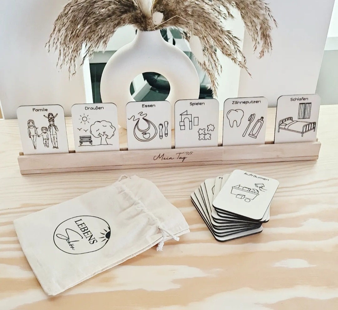Tagesplan mit Leiste, Ablauf Tagesroutine mit Holz Kärtchen, Montessori Set