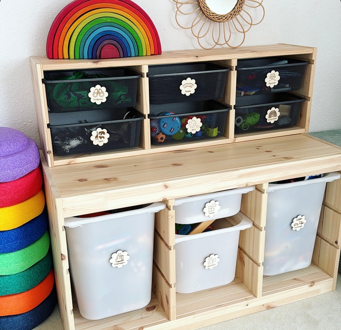 Montessori Aufräumetiketten, Holz Schild Organisation für Ordnung im Kinderzimmer, Beschriftung von Spielzeug