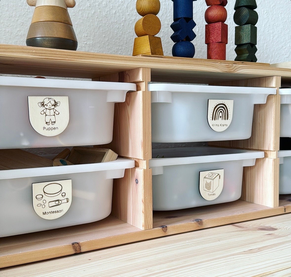 Montessori Aufräumetiketten, Holz Schild Organisation für Ordnung im Kinderzimmer, Beschriftung von Spielzeug
