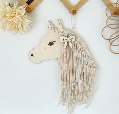 Pferd oder Einhorn Haarspangenhalter mit Makramee und Holz, Kinderzimmer Deko
