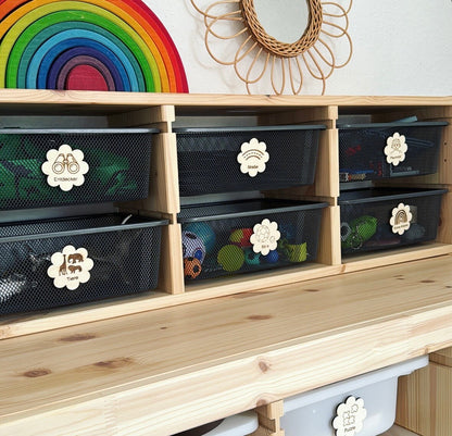 Montessori Aufräumetiketten, Holz Schild Organisation für Ordnung im Kinderzimmer, Beschriftung von Spielzeug