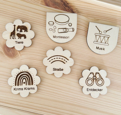 Montessori Aufräumetiketten, Holz Schild Organisation für Ordnung im Kinderzimmer, Beschriftung von Spielzeug