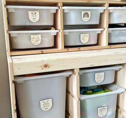 Montessori Aufräumetiketten, Holz Schild Organisation für Ordnung im Kinderzimmer, Beschriftung von Spielzeug