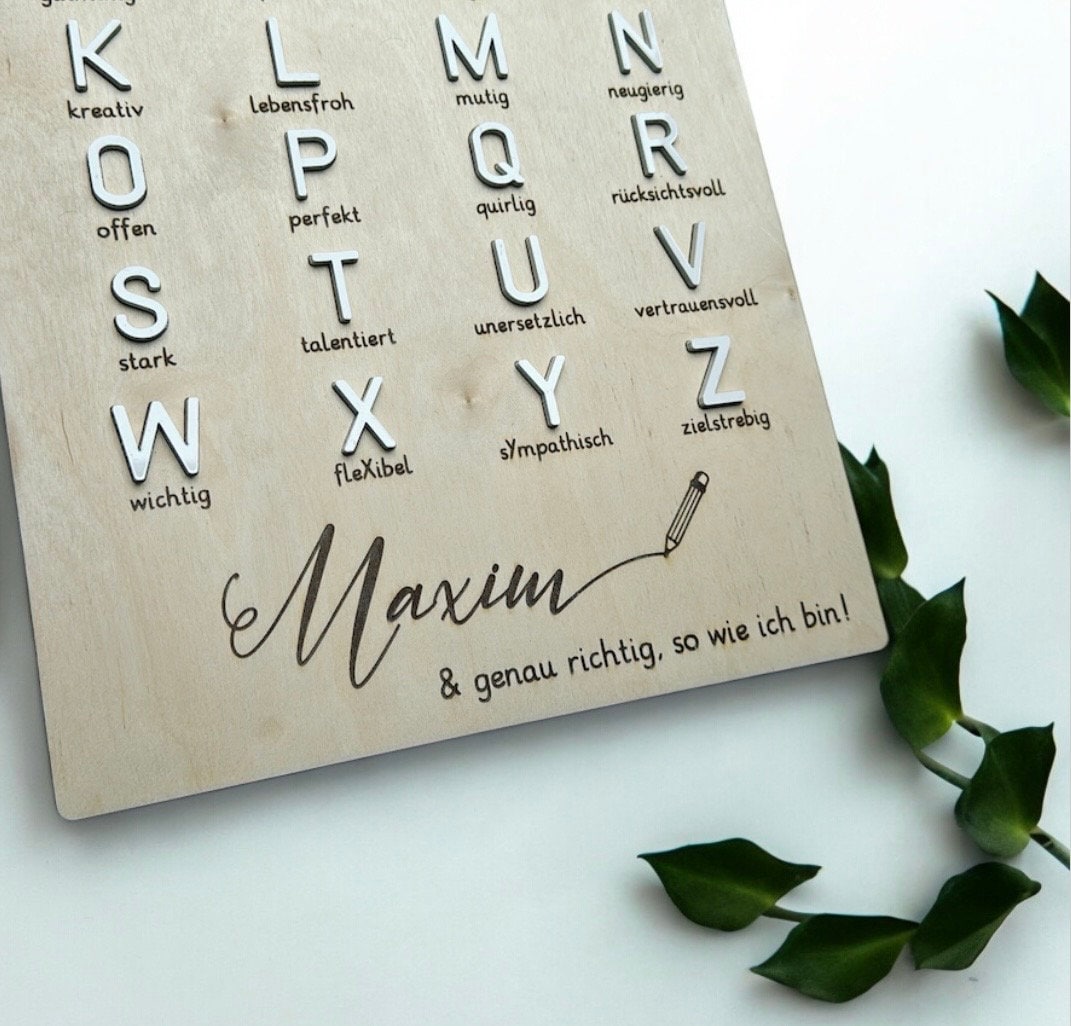 Affirmation ABC Alphabet Tafel aus Holz, Geschenk zur Einschulung, Lesen & Schreiben lernen