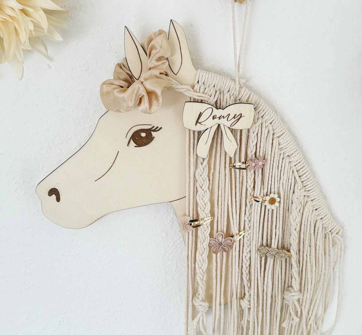 Pferd oder Einhorn Haarspangenhalter mit Makramee und Holz, Kinderzimmer Deko
