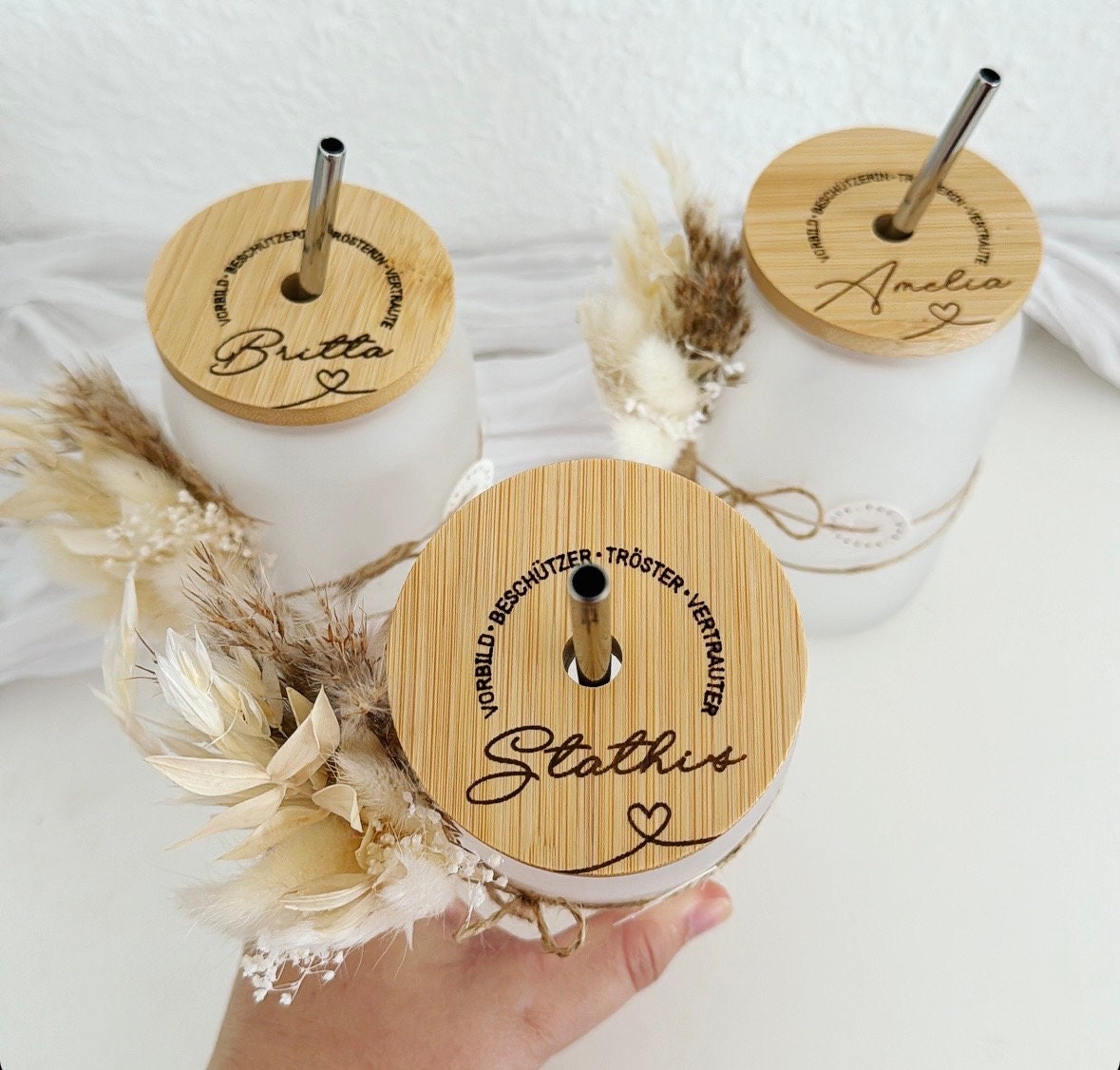 Trinkglas mit Bambusdeckel, Geschenk Abschied Erzieher, Hebamme, Tagesmutter, Lehrer