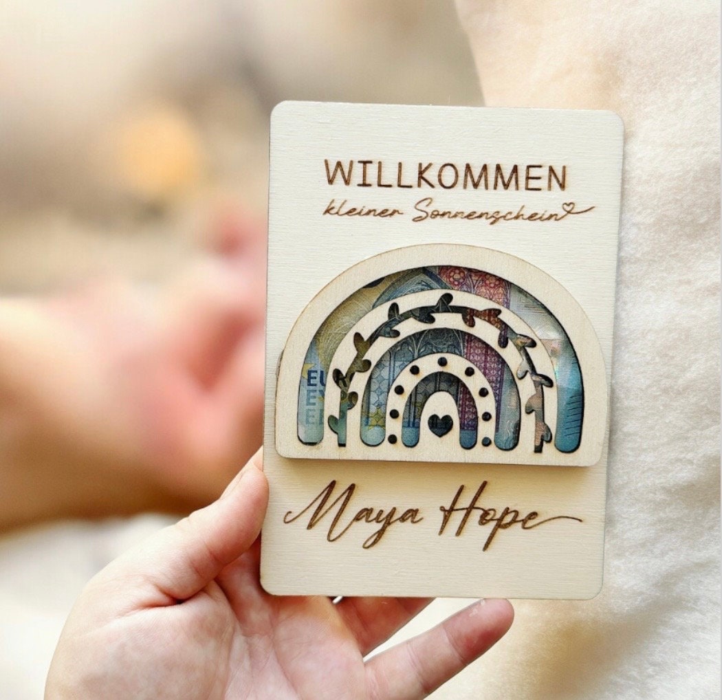 3D Regenbogen Holzkarte, Geldgeschenk zur Geburt, Herzlich Willkommen Baby