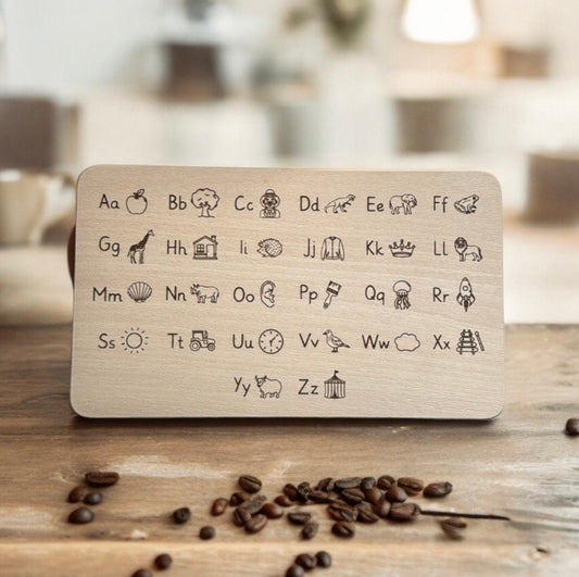 ABC Alphabet Frühstücksbrett, Geschenk zur Einschulung, Anlaute mit Bildern