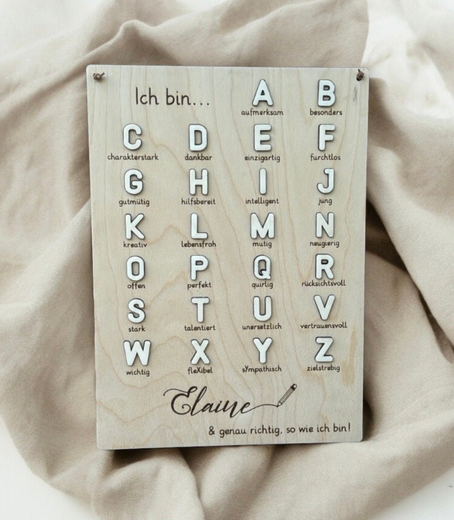 Affirmation ABC Alphabet Tafel aus Holz, Geschenk zur Einschulung, Lesen & Schreiben lernen