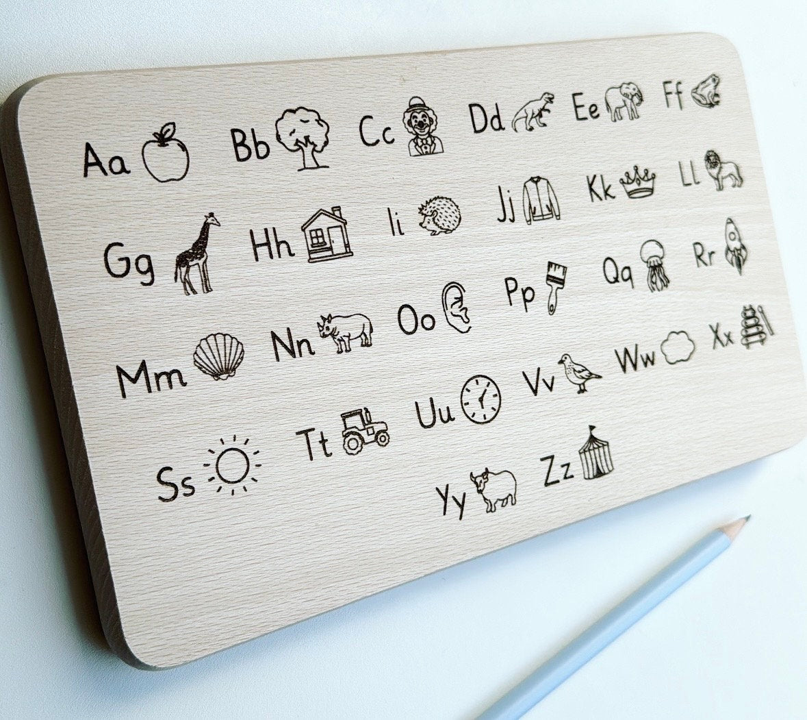 ABC Alphabet Frühstücksbrett, Geschenk zur Einschulung, Anlaute mit Bildern