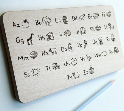 ABC Alphabet Frühstücksbrett, Geschenk zur Einschulung, Anlaute mit Bildern