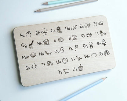 ABC Alphabet Frühstücksbrett, Geschenk zur Einschulung, Anlaute mit Bildern