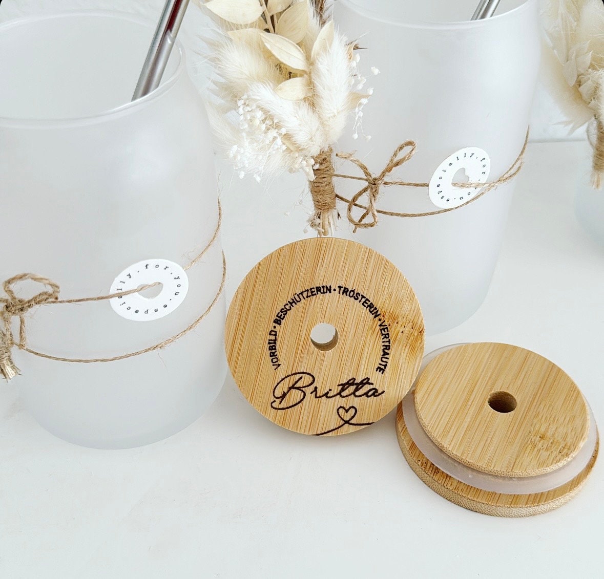 Trinkglas mit Bambusdeckel, Geschenk Abschied Erzieher, Hebamme, Tagesmutter, Lehrer