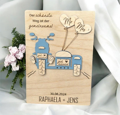 3D Motorrad mit Beiwagen, Geldgeschenk für die Hochzeit, Holz Postkarte für Brautpaar Biker