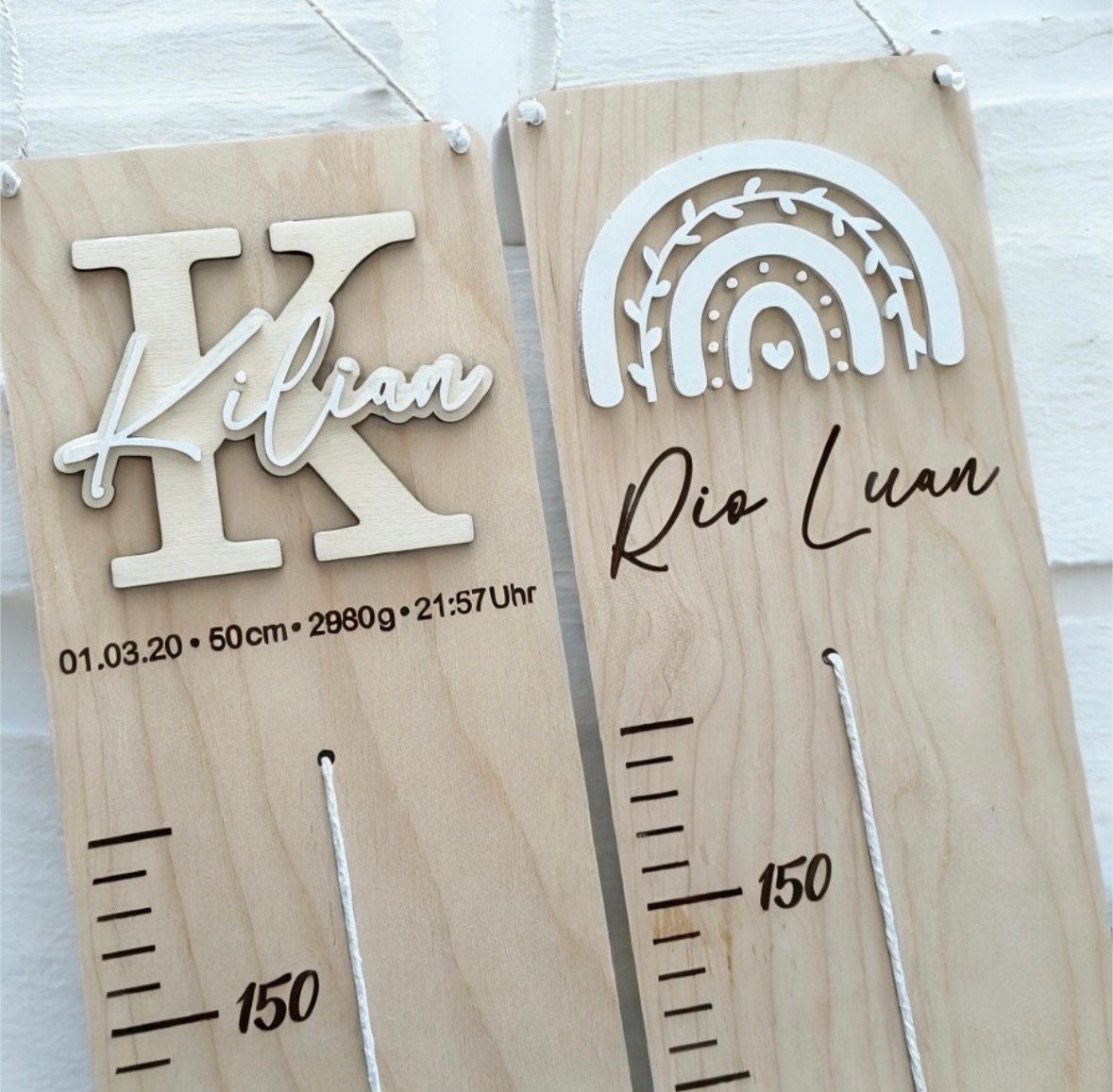 Messlatte Monogramm Name & Regenbogen, Wachstumsleiste mit Fotohalter und Spruch