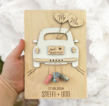3D Auto Hochzeitsbully, Geldgeschenk für die Hochzeit, Holz Postkarte mit VW Käfer Auto