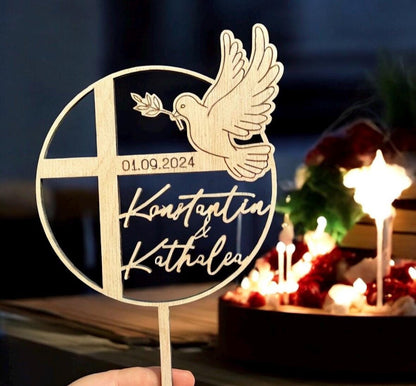 Taufe Cake Topper mit Taube und Kreuz, festlicher Tortenstecker
