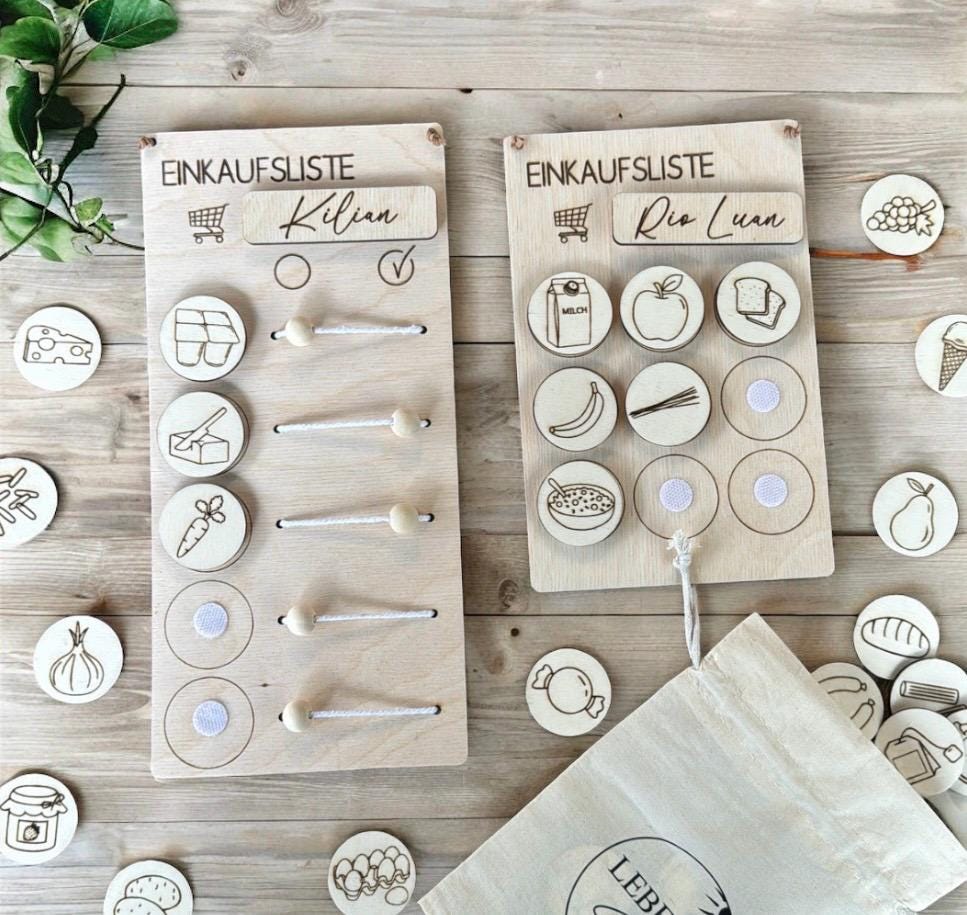 Einkaufsliste aus Holz, mit Kindern einkaufen und spielerisch lernen, Einkaufhilfe