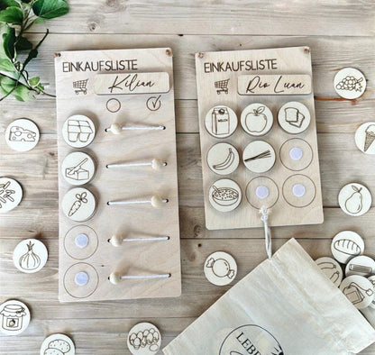 Einkaufsliste aus Holz, mit Kindern einkaufen und spielerisch lernen, Einkaufhilfe