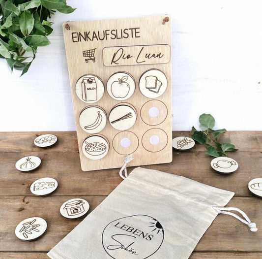 Einkaufsliste aus Holz, mit Kindern einkaufen und spielerisch lernen, Einkaufhilfe