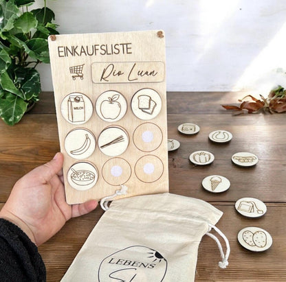 Einkaufsliste aus Holz, mit Kindern einkaufen und spielerisch lernen, Einkaufhilfe