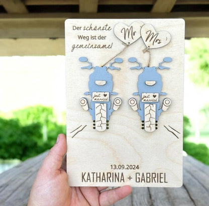 3D Motorrad mit Beiwagen, Geldgeschenk für die Hochzeit, Holz Postkarte für Brautpaar Biker