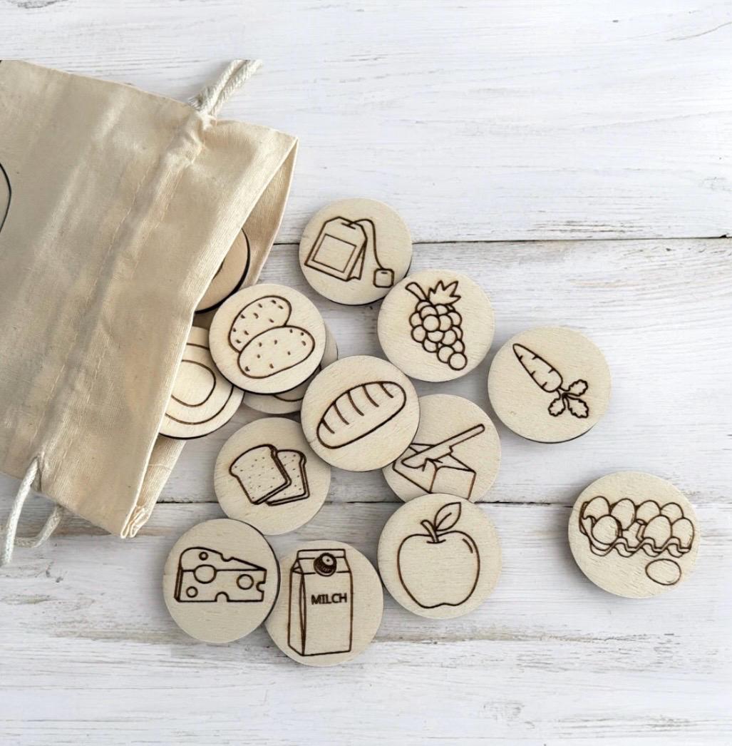 Einkaufsliste aus Holz, mit Kindern einkaufen und spielerisch lernen, Einkaufhilfe