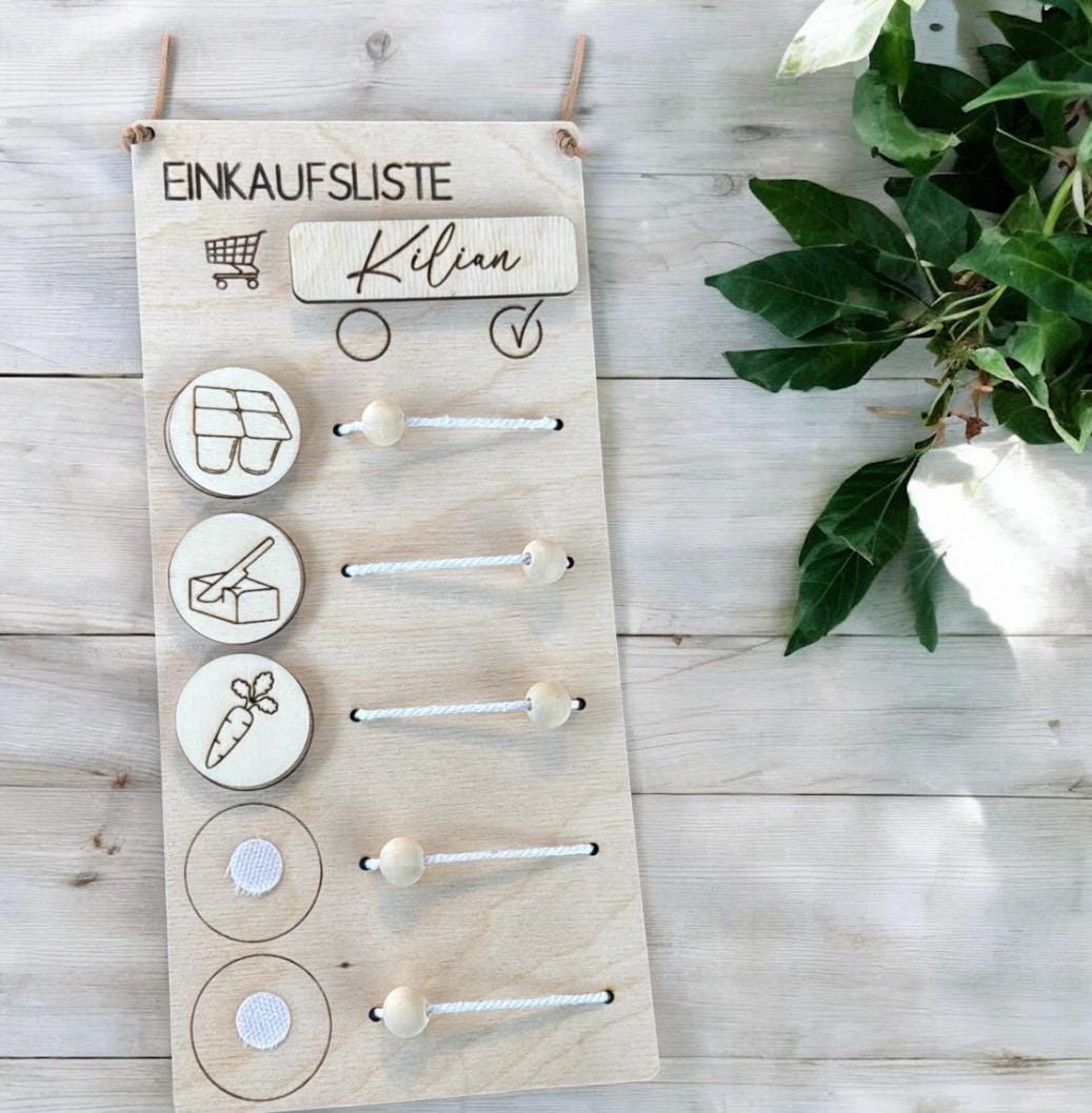 Einkaufsliste aus Holz, mit Kindern einkaufen und spielerisch lernen, Einkaufhilfe