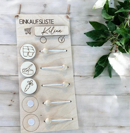 Einkaufsliste aus Holz, mit Kindern einkaufen und spielerisch lernen, Einkaufhilfe