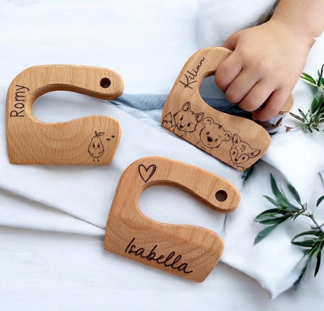 Kindermesser aus Buchen Holz, Essen Zubereitung mit Kindern, Obst und Gemüse schneiden