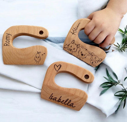 Kindermesser aus Buchen Holz, Essen Zubereitung mit Kindern, Obst und Gemüse schneiden