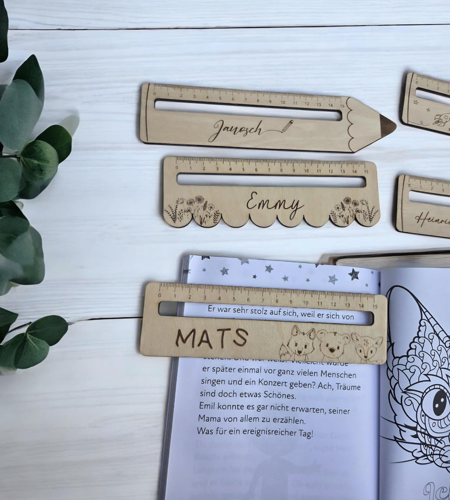 Waldtiere Lesehilfe mit Lineal, Geschenk zur Einschulung, mit Blumen, Tiere, Fahrzeugen oder Dinos