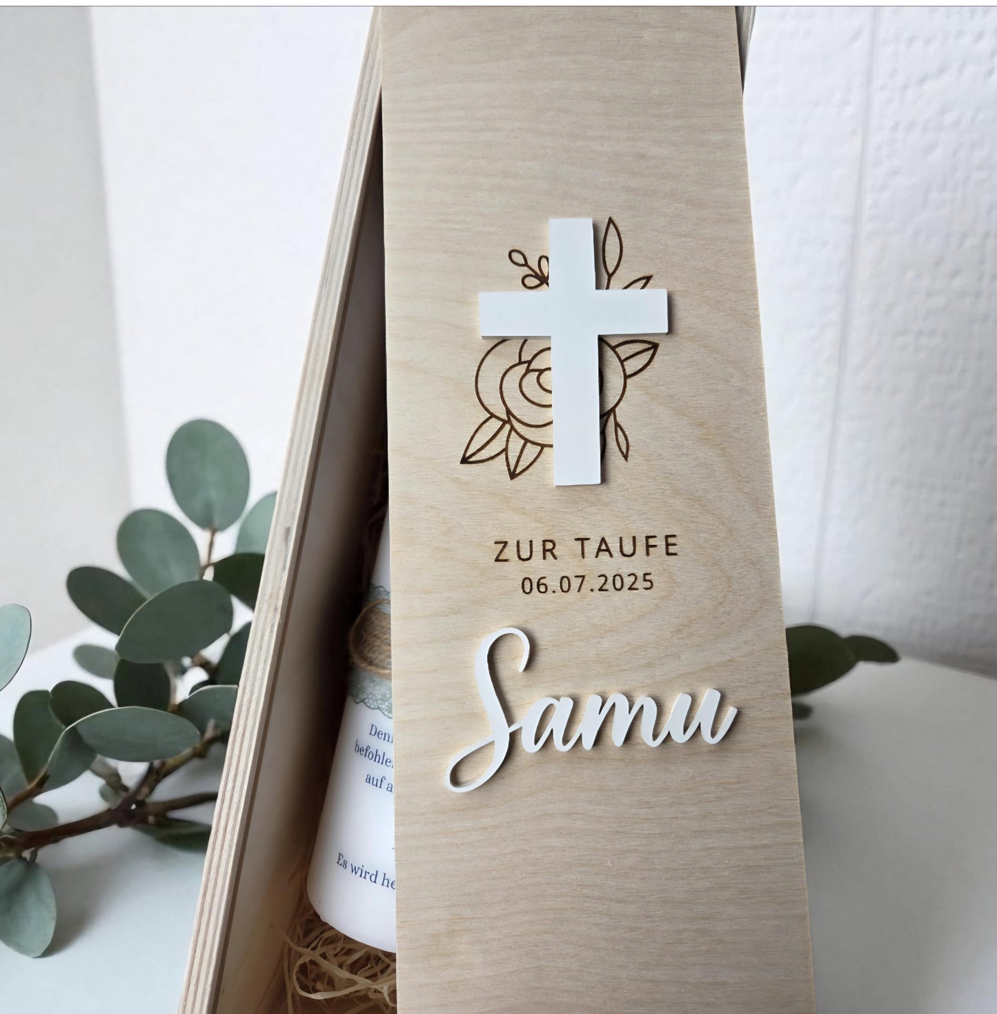 Aufbewahrung von Kerzen, Holzkiste für die Taufkerze, Kommunion, Konfirmation
