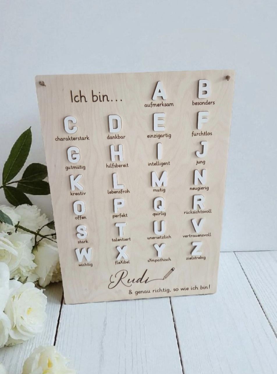 Affirmation ABC Alphabet Tafel aus Holz, Geschenk zur Einschulung, Lesen & Schreiben lernen