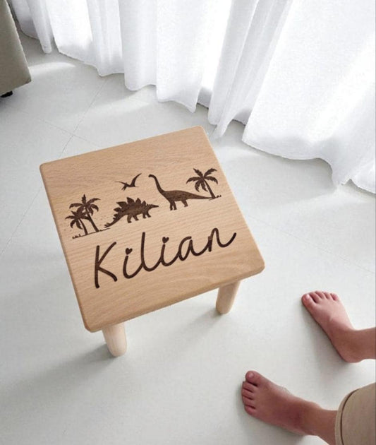 Kinderhocker Dino aus Buche, Kinderstuhl mit Dinosaurier, Geschenkidee